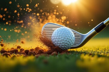 Golf Ball Impact A Golf Club Strikes a Ball Sending Dirt Flying in a Dramatic Display of Power and Precision