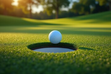 Golf Ball Near Hole A Golf Ball Sits on the Edge of a Hole on a Green Golf Course in the Sunlight