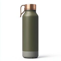Modern olive green water bottle with copper handle and concrete base isolated on white background