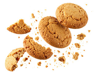 Golden-brown oatmeal cookies in mid-air, crumbly and delicious, captured in a dynamic shot