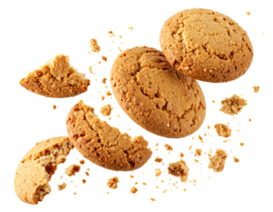 Golden-brown oatmeal cookies in mid-air, crumbly and delicious, captured in a dynamic shot