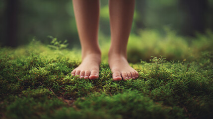 Bare feet standing on soft green moss in natural outdoor setting, evoking peaceful and earthy connection with nature
