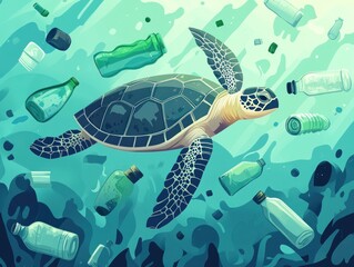 Sea Turtle Entangled in Plastic Waste