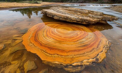 Striking circular rock formation in shallow water natural stone texture
