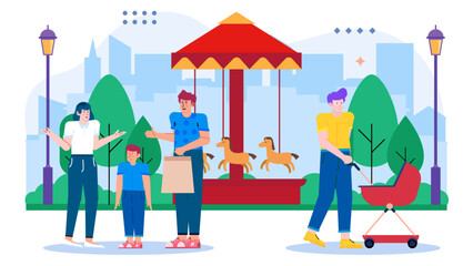 Two families at a colorful park with carousel stroller, trees, and joyful kids. Suitable for family outdoor activities concept.