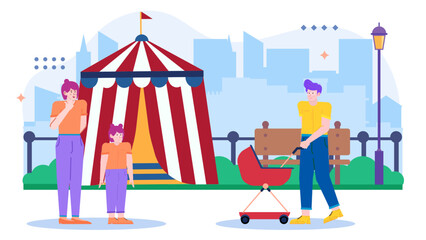 Family having fun at city park near vibrant circus tent. Suitable for family entertainment, outdoor activities, and circus themed events.