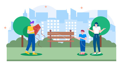 Family enjoying a kite flying fun day at a city park. Perfect for outdoor recreation, family bonding, urban leisure, and lifestyle concepts.