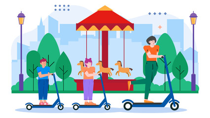 Three people on scooters pass a small park carousel. Suitable for summer leisure, urban lifestyle, transportation concepts, and city exploration.