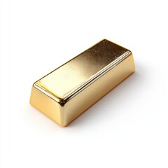 A gleaming gold bar, rectangular with slightly rounded edges, rests on a stark white background, casting a subtle shadow.  Its surface reflects light, showcasing a polished, lustrous finish