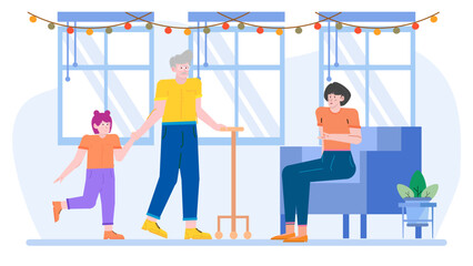 Family enjoys a festive indoor gathering. Suitable for social media posts, holiday advertisements, family oriented campaign materials, seasonal greeting cards, and event promotions.