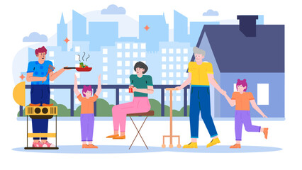 Family rooftop barbecue in city. Suitable for promoting summer gatherings, urban living, family bonding, and outdoor cooking experiences.