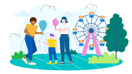 Happy people enjoying a carnival near a colorful ferris wheel. Perfect for carnival promotions, festive events, and vibrant social media posts.