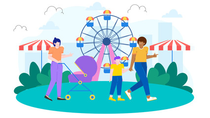 Family enjoying a park with a ferris wheel, stroller and children, perfect for family friendly and outdoor activity concepts and designs.