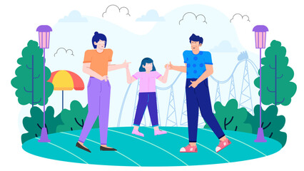 Family enjoys walks near a park roller coaster. Suitable for family activities, outdoor fun, amusement parks, leisure, and recreational concepts.