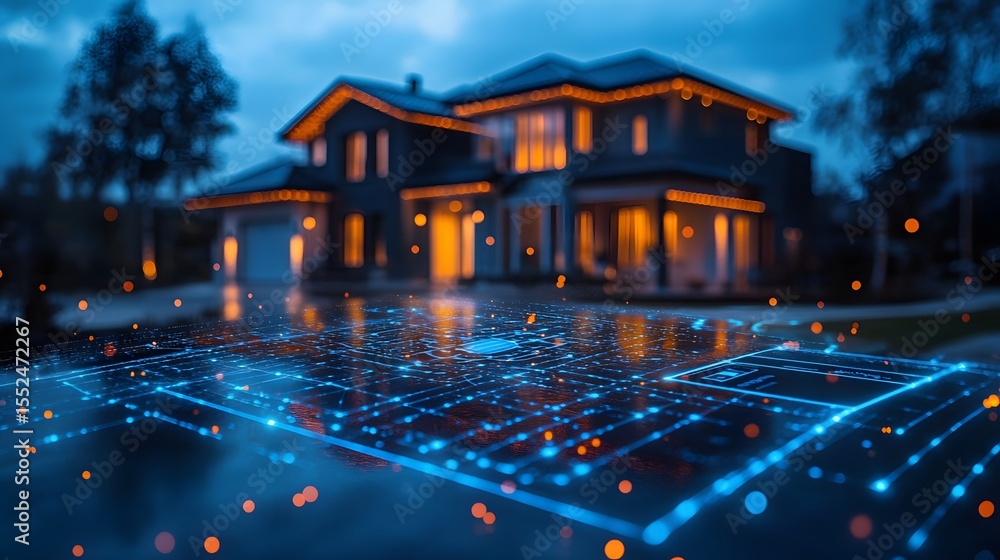 Poster A modern smart home at night, illuminated with digital blueprint overlay showcasing advanced technology and automation.