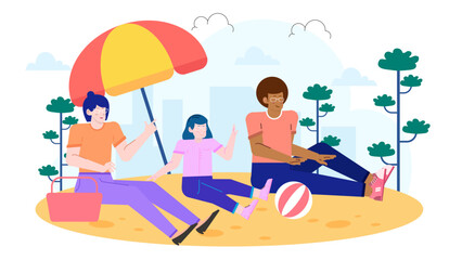 Happy family enjoys leisure time outdoors under an umbrella near trees. Ideal for family vacation, travel brochures, lifestyle blogs, summertime ads.