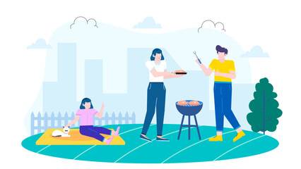 Family gathering for a barbecue in the backyard, cat included. Perfect for summer lifestyle, outdoor activities, family bonding, and pet themed content.