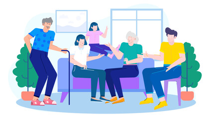 Happy multigenerational family bonding in a cozy living room. Perfect for family oriented content, lifestyle articles, and advertisements.