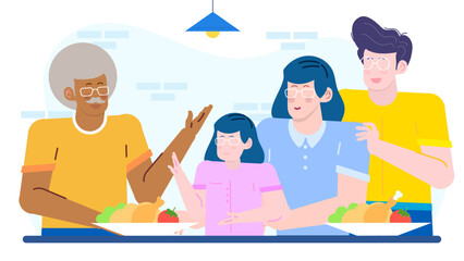 Happy family gathered around table, smiling and eating together. Perfect for lifestyle blogs, family related articles, and advertisements.