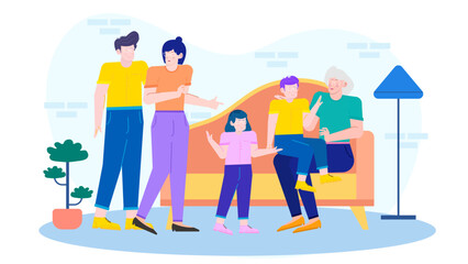 Happy family of four sitting together on a cozy couch at home, perfect for illustrating togetherness and family bonding moments.