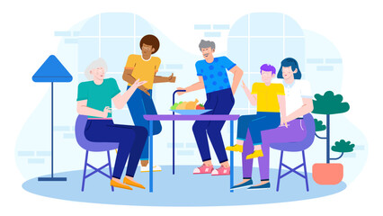 Happy multigenerational family bonding over a meal at home. Perfect for family gatherings, mealtime, togetherness, and happiness themes.