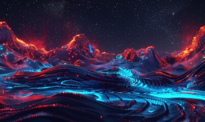 Surreal landscape with glowing peaks and stars in science fiction concept
