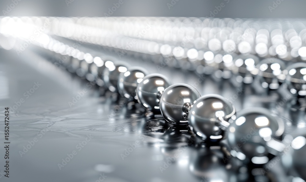 Poster symmetrical metal spheres aligned in a row with reflections and depth of field