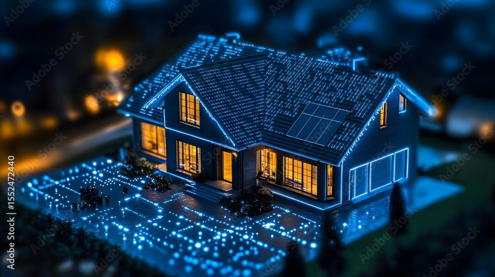 Poster a futuristic smart home model at night, illuminated with a digital network overlay. shows innovation