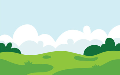 Obraz premium Cartoon Landscape With Green Hills, Trees, And A Cloudy Blue Sky.