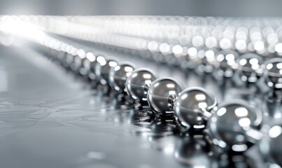 Symmetrical metal spheres aligned in a row with reflections and depth of field