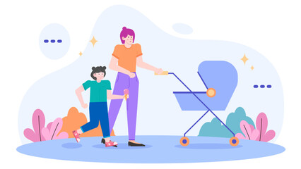 Mother pushes stroller as daughter enjoys ice cream. Suitable for parenting, family, summer, outdoor activities, and mother daughter bond concepts.