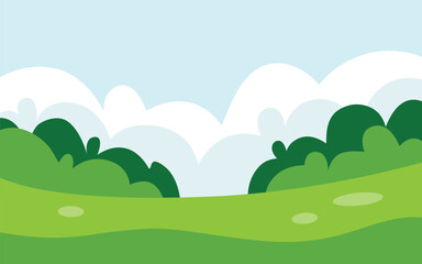 Obraz premium Cartoon Landscape Illustration Featuring Green Hills, Stylized Trees, And A Cloudy Sky.