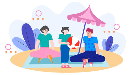 Happy family enjoying a day at the beach together, relaxing under a bright beach umbrella. Perfect for family vacation concepts.
