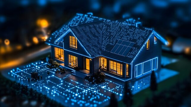 A futuristic smart home model at night, illuminated with a digital network overlay. Shows innovation in home technology. - Powered by Adobe