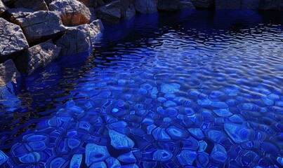 Tranquil blue water pool with rocks reflecting serene natural scene