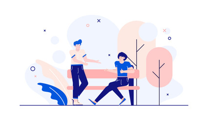 Two people chatting on a park bench by stylized trees; ideal for websites, social media posts, lifestyle blogs, or brochures.