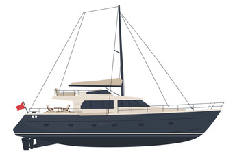 A side view shows a large dark blue and beige yacht under sail against a stark white backdrop