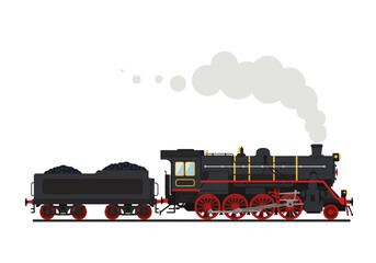 A steam train pulling a coal car emitting smoke on a white background