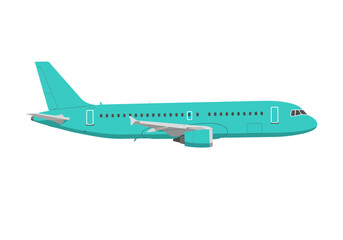 A turquoise airplane stands against a white background a single side view