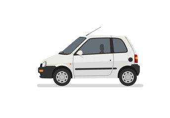 A white compact car is depicted in a vector illustration against a white background