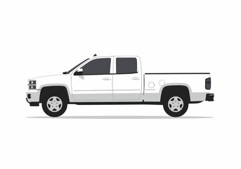 A white crew cab pickup truck depicted as a vector graphic showcasing its side profile against a blank background