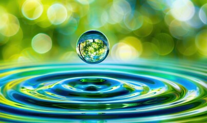 Water drop creates ripple effect on surface with reflected trees