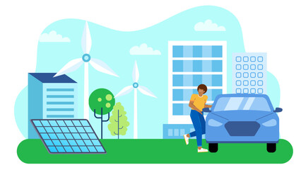 Person standing beside an electric car, promoting green energy. Suitable for ecofriendly websites, electric vehicle articles, and sustainability concepts.