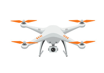 A white drone with orange propellers faces forward showing the mounted camera