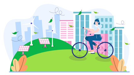 Woman biking past windmills and solar panels in an ecofriendly city, perfect for sustainable living, green energy, and environmental concepts.