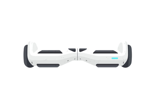 A white hoverboard with black footpads gray speckled pattern and teal light is centered