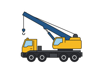 A yellow and black crane truck with a blue boom and hook