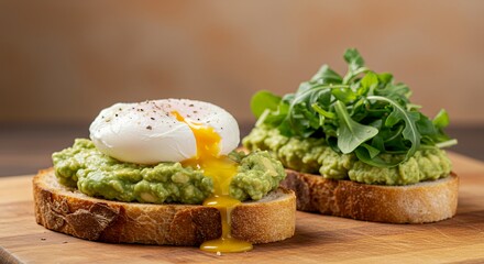 Indulge in the vibrant flavors of this gourmet avocado toast topped with a perfectly poached egg and fresh arugula, a delightful culinary masterpiece.