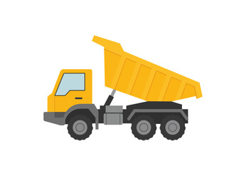 A yellow cartoon dump truck is shown with its bed raised up