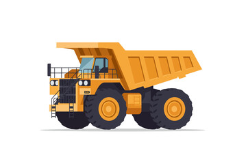 A yellow dump truck with large tires grill and a raised rear bed for carrying material